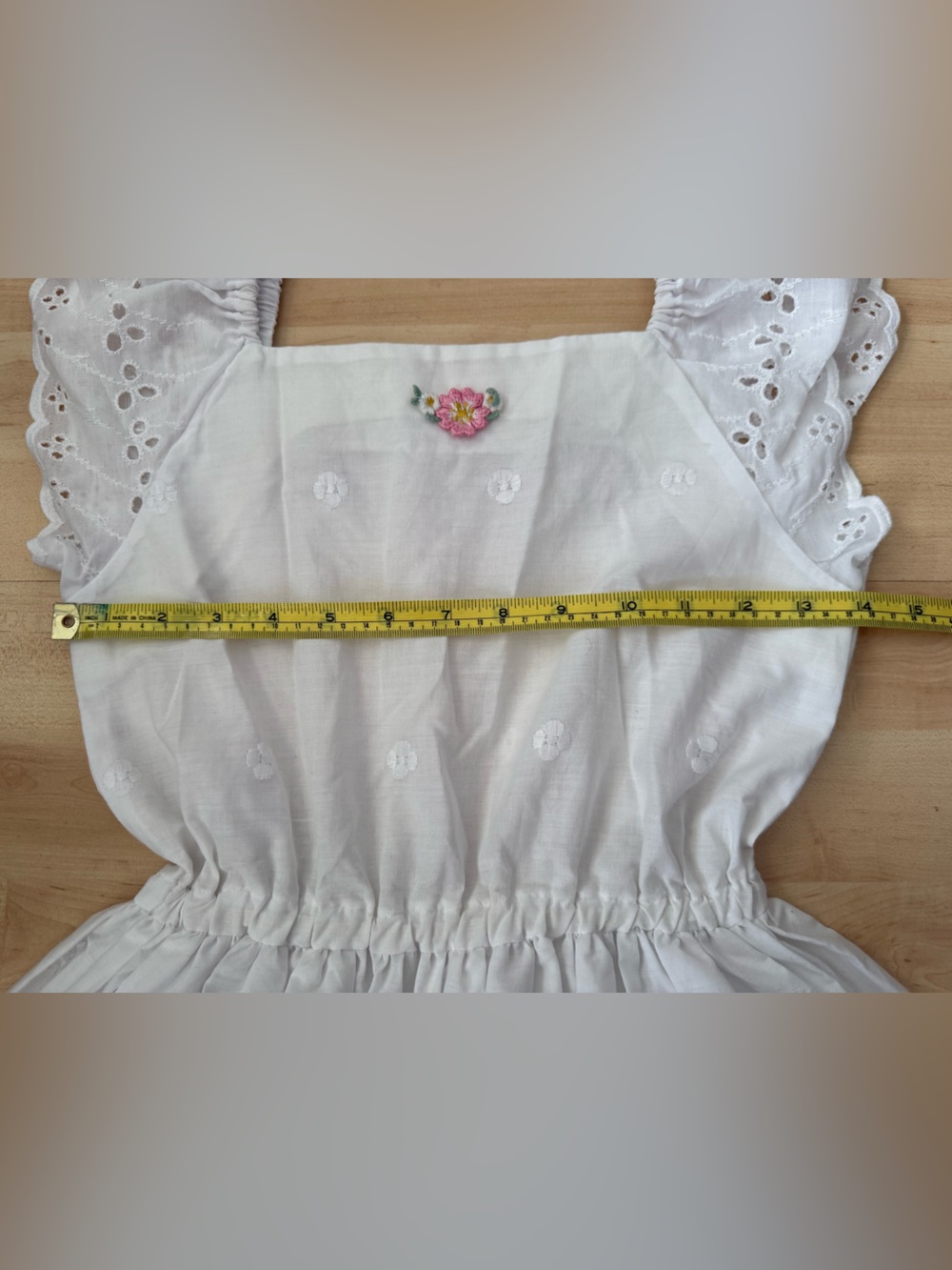 White Eyelet Sundress with Flower and Pink Ribbon Accents - Picture 7 of 10